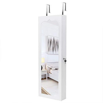 42.5" Wood Jewelry Mirror Cabinet,Wall or Door Mounted Jewelry Storage Cabinet,Space-Saving Large Jewelry Armoire Organizer,with Lock & LED Lights,for Living Room, Bedroom, Cloakroom (White) - size: 36.5x12.3x108cm