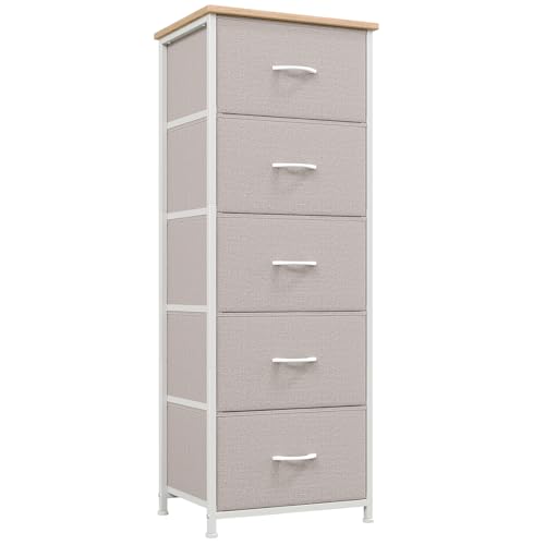 Somdot Tall Dresser for Bedroom, 5 Drawer Storage Cabinet, Ash Grey | Fabric Dresser with Removable Bins, Steel Frame, Wood Top Home Furniture, Closet Organizer, Nursery, Dorm, Entryway Storage - color: Ash Grey, size: 11.8"D x 16.5"W x 45.1"H (5 Drawers)