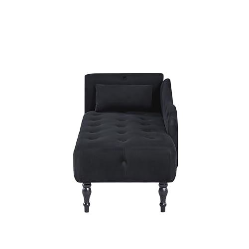 60" Modern Velvet Chaise Lounge Indoor, Upholstered Chair with Left Armrest and Lumbar Pillow, Button Tufted Lounge Sofa for Living Room Bedroom Office, Mini Chaise Longue Sofa (Black) - color: Black