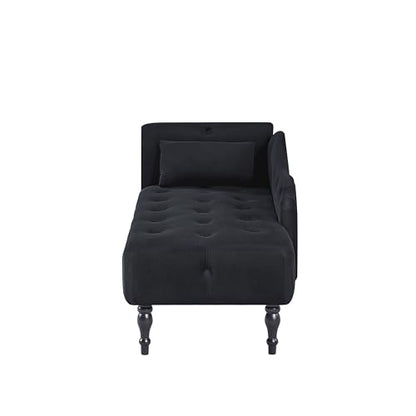 60" Modern Velvet Chaise Lounge Indoor, Upholstered Chair with Left Armrest and Lumbar Pillow, Button Tufted Lounge Sofa for Living Room Bedroom Office, Mini Chaise Longue Sofa (Black) - color: Black