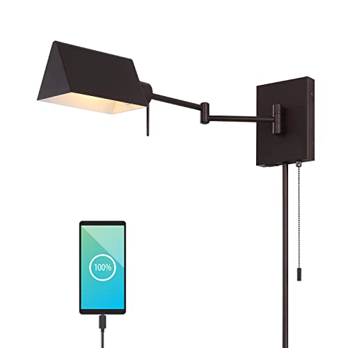 JONATHAN Y Arlo 22" 1-Light Metal Swing Arm Wall Sconce, Oil Rubbed Bronze | Plug-In Or Hardwired, USB Charging Port, Pull Chain, Industrial Farmhouse Design, Adjustable Head, LED Bulb Included - color: Oil-Rubbed Bronze, size: 1-Light