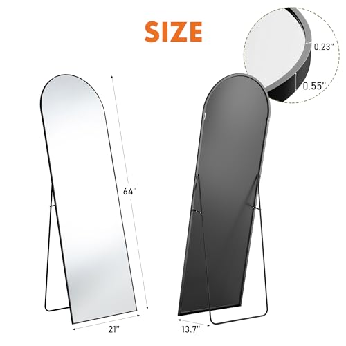OLIXIS Arched Mirror Full Length 21.6"x64" for Bedroom, Full Body Mirror with Stand, Hanging or Leaning for Wall, Aluminum Alloy Thin Frame Floor Standing for Living Room, Long, Black - color: Black-arched, size: 64"L x 21.1"W