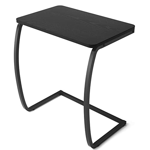 SRIWATANA Black C Shaped Side Table, Vintage End Table for Sofa Couch Bed | Space-Saving C-Table Slides Under Sofa; Sturdy Wood & Metal Frame with Adjustable Feet for Laptop, Coffee, and Snack Use - color: Black