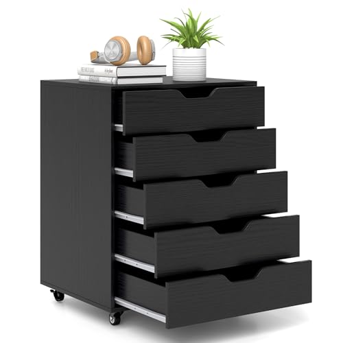 MAT EXPERT 5-Drawer Dresser, Mobile File Cabinet on Wheels, Wood Rolling Storage Drawers Under Desk, Chest of Drawers Home Room Organizer Furniture, Storage Cabinet for Study Office (Black) - color: Black