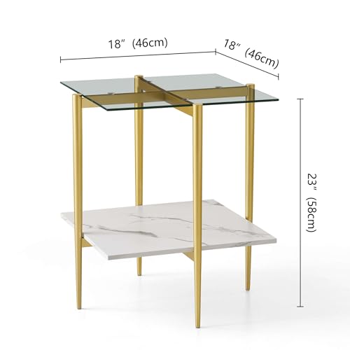 LumFurn Square Glass End Table, Mid-Century Modern Side Table for Living Room, L18xW18xH23inch, Clear Glass and White Marble MDF Wood, Gold Finish Frame - color: L18" Clear & White Marble