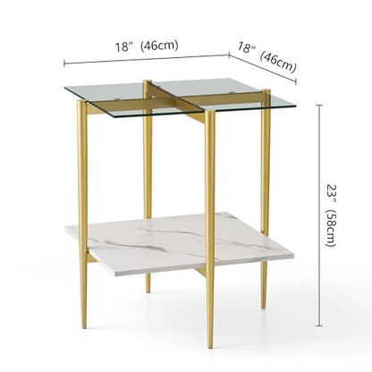 LumFurn Square Glass End Table, Mid-Century Modern Side Table for Living Room, L18xW18xH23inch, Clear Glass and White Marble MDF Wood, Gold Finish Frame - color: L18" Clear & White Marble