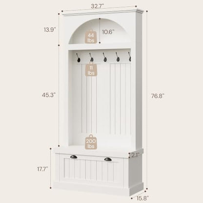 Hall Tree with Bench and Shoe Storage, Farmhouse Entryway Coat Rack with Arched Top Shelf, 5 Hooks, Flip-Down Shoe Cabinet, Beadboard Paneling, Anti-Tip Device, White, 32.7" x 15.8" x 76.8"