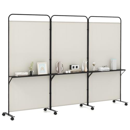 GOFLAME 3 Panel Room Divider with Storage Shelves, 6FT Folding Privacy Screen with Lockable Wheels, Portable Rolling Wall Divider, Freestanding Partition Screen for Room Separation, Beige - color: Beige