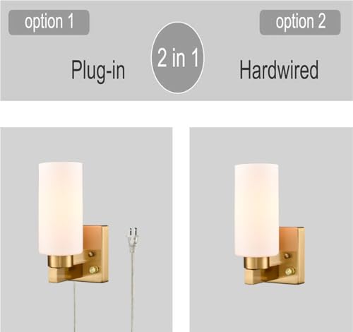 DEYNITE Modern Plug in & Hardwired Wall Sconce Brass Bathroom Vanity Light | Set of 2 Wall Mounted Light with milky white glass shade rotary on/off dimmable switch for bathroom bedroom