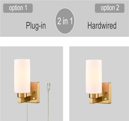 DEYNITE Modern Plug in & Hardwired Wall Sconce Brass Bathroom Vanity Light | Set of 2 Wall Mounted Light with milky white glass shade rotary on/off dimmable switch for bathroom bedroom