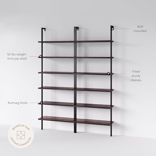 Nathan James Theo 6-Shelf Tall Bookcase, Wall Mount Bookshelf with Natural Wood Finish and Industrial Metal Frame, Nutmeg/Matte Black, Set of 2 - color: Nutmeg/Matte Black, size: Set of 2