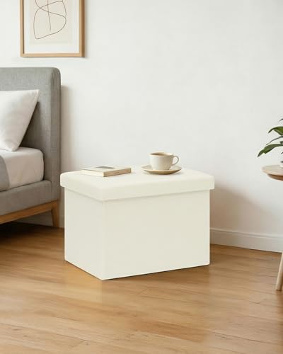 PINPLUS Flat Top Folding Linen Storage Ottoman 16.5", 36L Collapsible Storage Cube with Lid, 250 lbs Load Capacity, Fabric Foot Rest Seat for Living Room, Bedroom, Closet,Cream White - color: Cream White