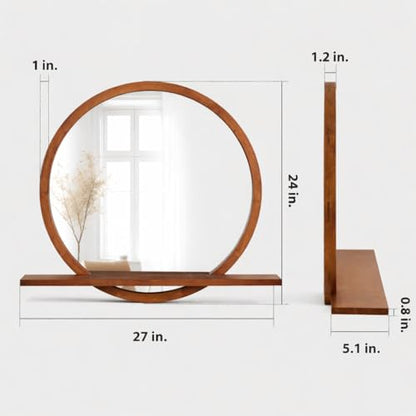 24" Round Wall Mirror with Shelf, Solid Wood Frame