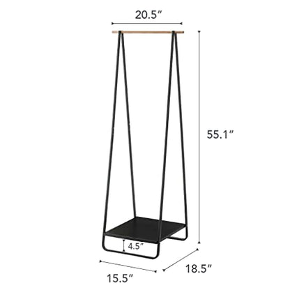 YAMAZAKI Home Tower Freestanding Coat Hanger Clothes Rack With Shelf, 55" - Steel | Freestanding coat hanger features a steel frame and bottom shelf. Space-saving vertical organization. Easy to assemble. - color: Black