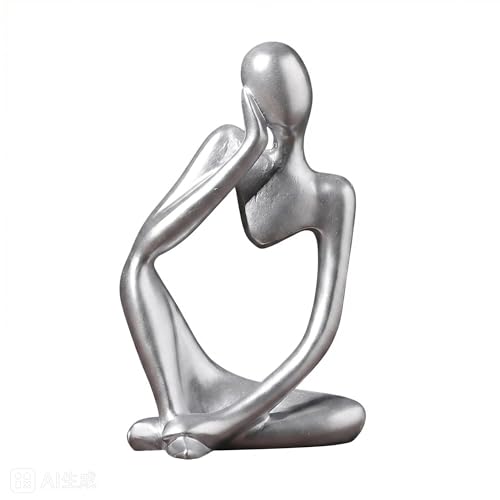 Silver Resin Thinker Statue, Abstract Style Sculpture Figurines for Home Office Bookshelf Desktop Decor, Modern Art Collectible & Great Gifts Ideas - color: Silver-right