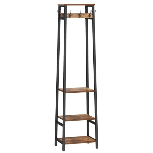 Coat Rack Freestanding with 3 Shelves and 7 Hooks | Coat Stand, Hall Tree Free Standing, Clothes Rack Stand Organizer, Industrial Style, Rustic Brown and Black - color: Rustic Brown and Black, style: 3 Shelves