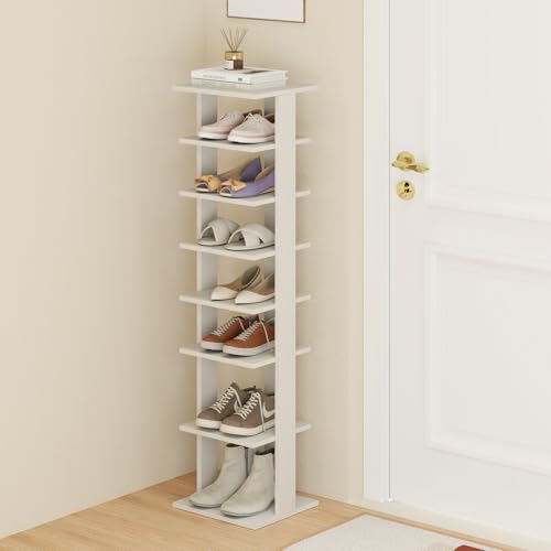 Tangkula 8-Tier Vertical Shoe Rack, Space-Saving Corner Shoe Organizer for 7 Pairs, Narrow Shoe Storage for Entryway, Front Door, or Closet - color: White, size: 10" x 11" x 43.5"
