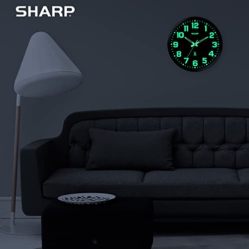 Sharp 12-Inch Atomic Wall Clock, Battery Operated, Glow in Dark | Self-setting atomic time; Easy-read analog face; Automatic time adjustment; Simple setup; Versatile home or office style - color: Black/Glow in Dark, size: Large