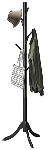 kiplant Black Coat Rack Stand, Bamboo Wood Freestanding Coat Tree with 8 Hooks, Hallway Entryway Hat Hanger Organizer Standing for Bedroom, Office, Clothes, Jackets, Bags, Umbrallas - color: Black