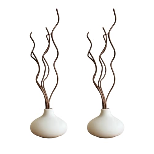 White Ceramic Vase, DIY Empty Reed Diffuser Bottle with Wavy Brown Rattan Sticks for Essential Oils, Set of 2, Aromatherapy, Modern Minimal Decor