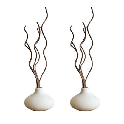 White Ceramic Vase, DIY Empty Reed Diffuser Bottle with Wavy Brown Rattan Sticks for Essential Oils, Set of 2, Aromatherapy, Modern Minimal Decor