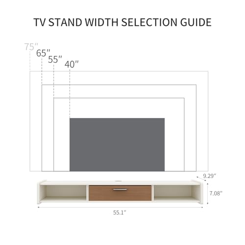 55'' Floating TV Stand, Wall Mounted TV Console, White | Floating TV Cabinet, Under TV Shelf for Bedroom Living Room - color: White, size: 55 IN