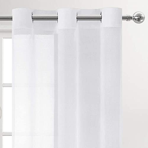 DWCN White Faux Linen Sheer Curtains - Grommet Voile Window Curtain Drapes for Bedroom Living Room 42 x 84 inch Length, Set of 2 - color: White, size: 42"W x 84"L (Pack of 2)