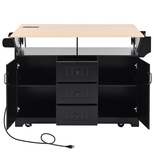 55.7" W Kitchen Island with 2 Drop Leaf, Moblie Kitchen Cart On Wheels with Storage Cabinet, 3 Drawers, Multifunctional Rolling Dining Table with Power Outlet, Spice & Towel Rack (Black-v) - color: Black-v)