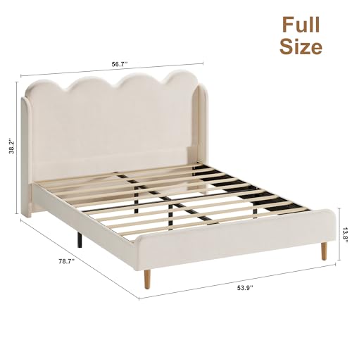 Garvee Full Size Upholstered Platform Bed Frame, Scalloped Wave Tall Headboard, Chenille Wingback Design, Wood Slat Support, No Box Spring Needed, Easy Assembly, Beige | Scalloped Wave Tall Headboard, Wood Slat Support, No Box Spring Needed, Easy Assembly