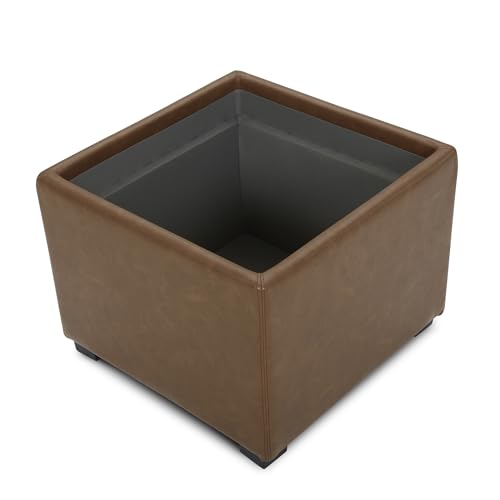 CHITA Storage Ottoman Cube with Tray Lid, Small Footstool with Storage, Square End Table for Living Room and Bedroom, Faux Leather in Saddle Brown - color: Saddle Brown