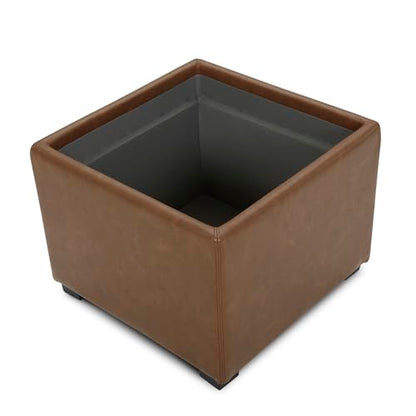 CHITA Storage Ottoman Cube with Tray Lid, Small Footstool with Storage, Square End Table for Living Room and Bedroom, Faux Leather in Saddle Brown - color: Saddle Brown