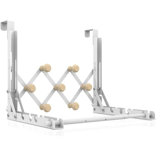 FYY Over the Door Drying Rack, Foldable with 7 Hooks for Laundry Bathroom | Heavy Duty Metal, Adjustable Width, Hanging Towels Clothes, Space-Saving for Dorm Bedroom, Fits Doors up to 1.65"