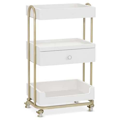 BarberPub Salon Trolley Cart, Gold Accents 3-Tier White&Gold 2086 - color: White&gold