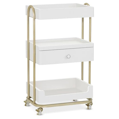 BarberPub Salon Trolley Cart, Gold Accents 3-Tier White&Gold 2086 - color: White&gold