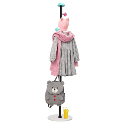 Coat Rack Freestanding Heavy Duty Metal Kids Coat Stand, 7 Round Mushroom Hooks & Sturdy Marble Quarte Base, Hanging Clothes Purse Bag Jacket for Hall Corner Office Garage Entryway (Black)
