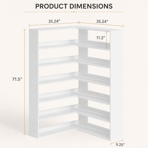 MXV 71.5" Tall L-Shaped Corner Bookshelf, 7-Shelf White Corner Bookcase, 35.2" x 35.2" Wooden Display Shelf with Open Storage for Living Room, Home Office - size: 35.2"