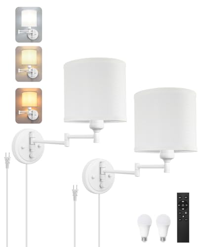 GOODATE Plug in Wall Sconces with Remote Control, Dimming, Adjustable Colors 2700K-6500K, Hardwire or Plug-in, Swing Arm Wall Lamp, Wall Sconces Set of Two, White Fabric Shade, White Finish - color: White & White
