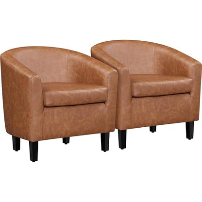 Yaheetech Accent Chairs Set of 2, Faux Leather Barrel Armchairs Brown | Water-resistant Faux Leather Chairs with High-density Foam and Solid Wood Legs for Living Room, Waiting Room, Small Space - color: Brown(faux Leather), style: without Ottoman