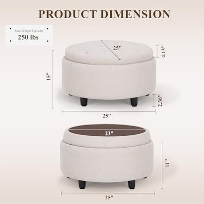 COLAMY Round Hidden Storage Ottoman with Reversible Tray Lid – Multi-Functional Footrest, Sturdy & Stylish Fabric Coffee Table for Living Room, Bedroom, or Entryway, Beige - color: Beige
