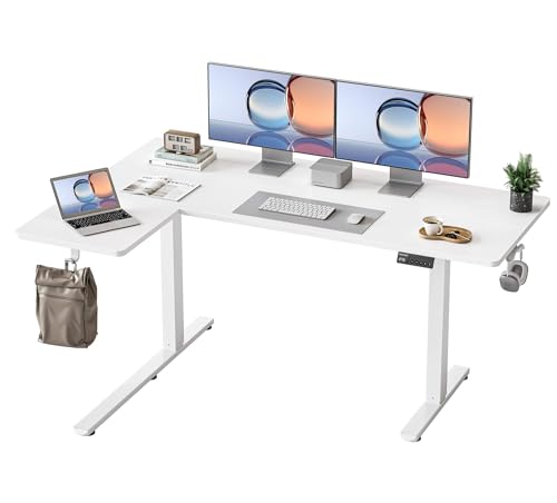 YIHAYO Reversiable L-Shaped Electric Standing Desk, 59 Inches Stand Up Corner Desk, Sit and Stand Up for Work Office Home, Ergonomic Rising Computer Table with Splice Board, White - color: White Frame/White Top, size: 59*40 Inch