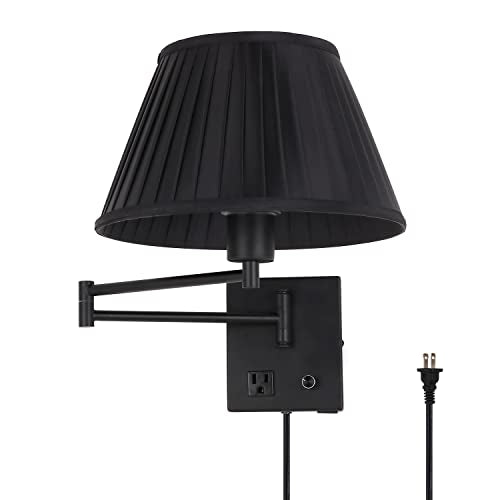 17" Swing Arm Wall Lamp USB & AC Outlet, Dimmable, Black | Adjustable Swing Arm Rotary dimmer sets Plug-in bedside Bedroom Living Room reading - color: Black