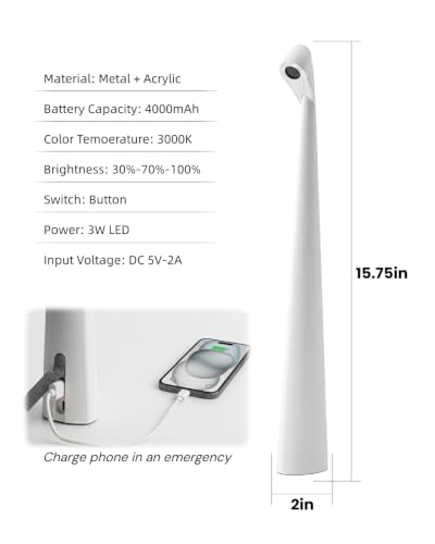 Cordless LED Table Lamp, 4000mAh Rechargeable Portable Desk Lamp, 3-Level Brightness, Bedside Night Light, Ambient Reading Light for Restaurant, Bedroom, Outdoor Camping, Night Light, White | 3-Level Brightness, Bedside Night Light, Ambient Reading Light,