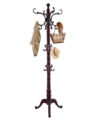 Wooden Coat Rack Freestanding, Solid Wood Coat Rack Stand with 14 Hooks, Vintage Heavy Duty Coat Racks,Standing Coat Jacket Hanger Tree Stand for Corner, Office, Entryway - color: Black Red Triangle Base