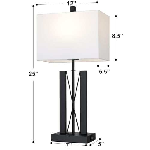 Lolikit 25" Table Lamps for Living Room Set of 2, Modern Table Lamp with 2 USB Charging Ports, Nightstand Geometric Bedside Lamp with White Shade for Bedroom End Table Desk Office(2 LED Bulb Included) - color: White - 25"H