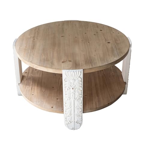 31.5" Round Coffee Table with Carved Leg, 2 Tier Storage Shelf | Farmhouse Solid Wood Center Table for Living Room, Circle Tea Table with Open Storage, Easy Assembly, Natural Brown Finish - color: A-31.5" Brown+white