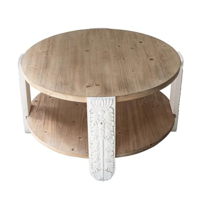 31.5" Round Coffee Table with Carved Leg, 2 Tier Storage Shelf | Farmhouse Solid Wood Center Table for Living Room, Circle Tea Table with Open Storage, Easy Assembly, Natural Brown Finish - color: A-31.5" Brown+white