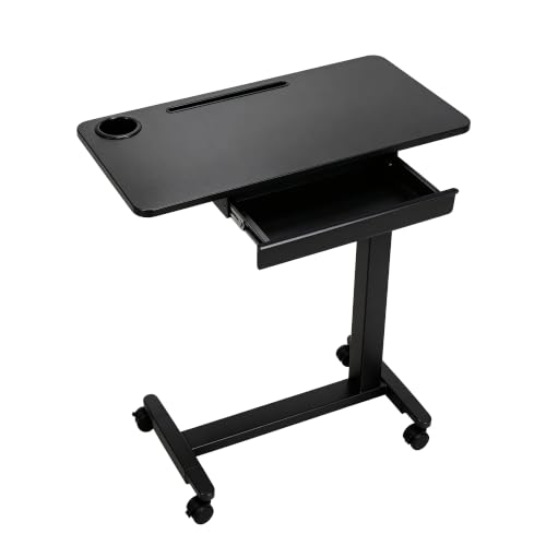 Adjustable Height Over Bed Desk with Drawer, Wheels, Slot, and Cup Holder | Portable Rolling Laptop Overbed Table, Pneumatic Hospital Bedside Tray with Storage, Laptop Standing Sofa Side Cart| Black - color: Black