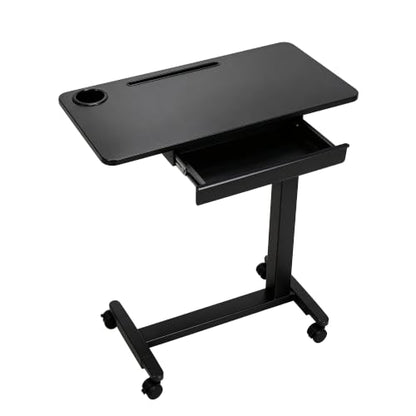 Adjustable Height Over Bed Desk with Drawer, Wheels, Slot, and Cup Holder | Portable Rolling Laptop Overbed Table, Pneumatic Hospital Bedside Tray with Storage, Laptop Standing Sofa Side Cart| Black - color: Black