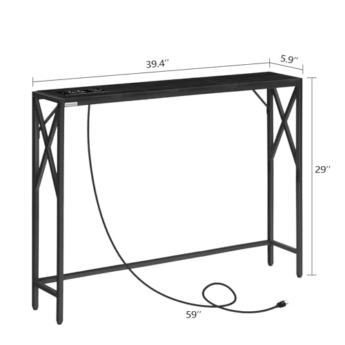 MAHANCRIS 5.9" Narrow Sofa Table with Charging Station, 39.4 Behind Couch Table with Outlet, Slim Entryway Console Table, Small Space, for Hallway, Living Room, Foyer, Black CTHB151E01 - color: Black