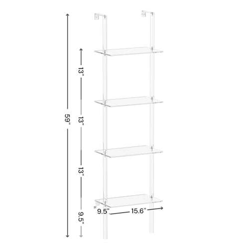 Small Acrylic Ladder Bookshelf, 9.5" D x 15.6" W, 4-Tier Clear Wall Mounted Book Shelf for Small Spaces, Multipurpose Bookcase for Living Room, Bathroom, Office, Modern, 59" H - size: 4-Tier